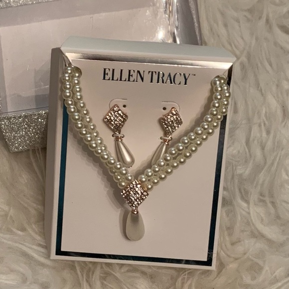 pearl & pavé rhinestone necklace & earring set by Ellen Tracy NEW!! rose gold - Picture 8 of 9